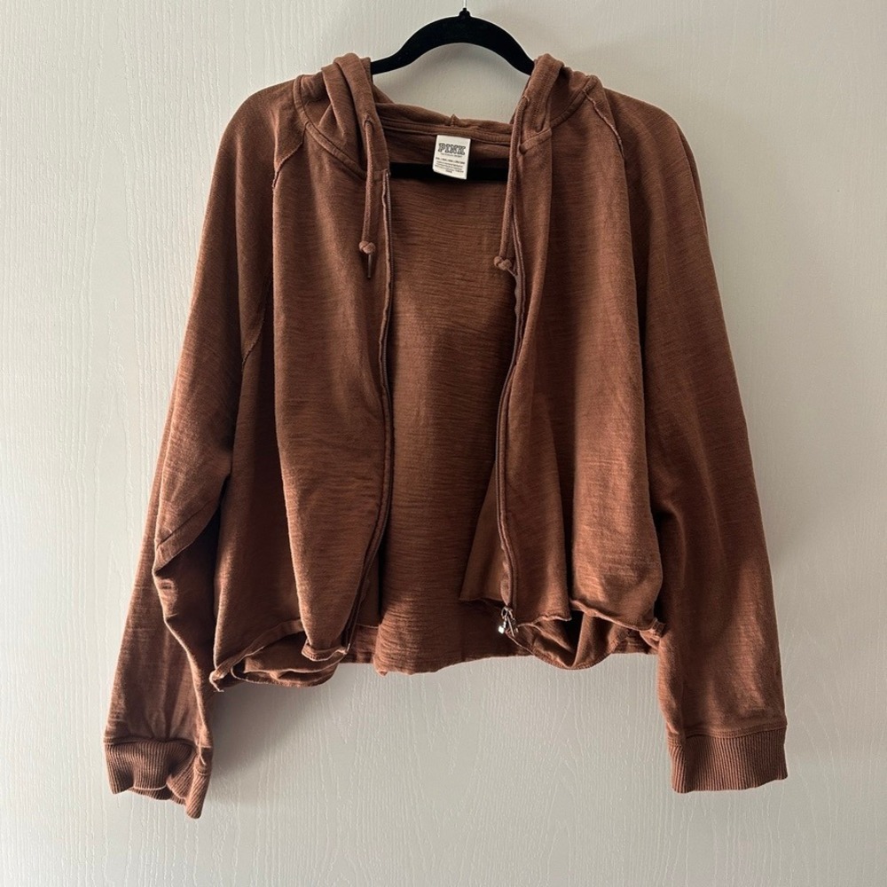 PINK Victoria's Secret Brown Cotton Slub Cropped Full Zip Hoodie Sweatshirt XXL
